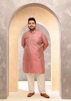 Pink Ethnic Motifs Silk Kurta For Men