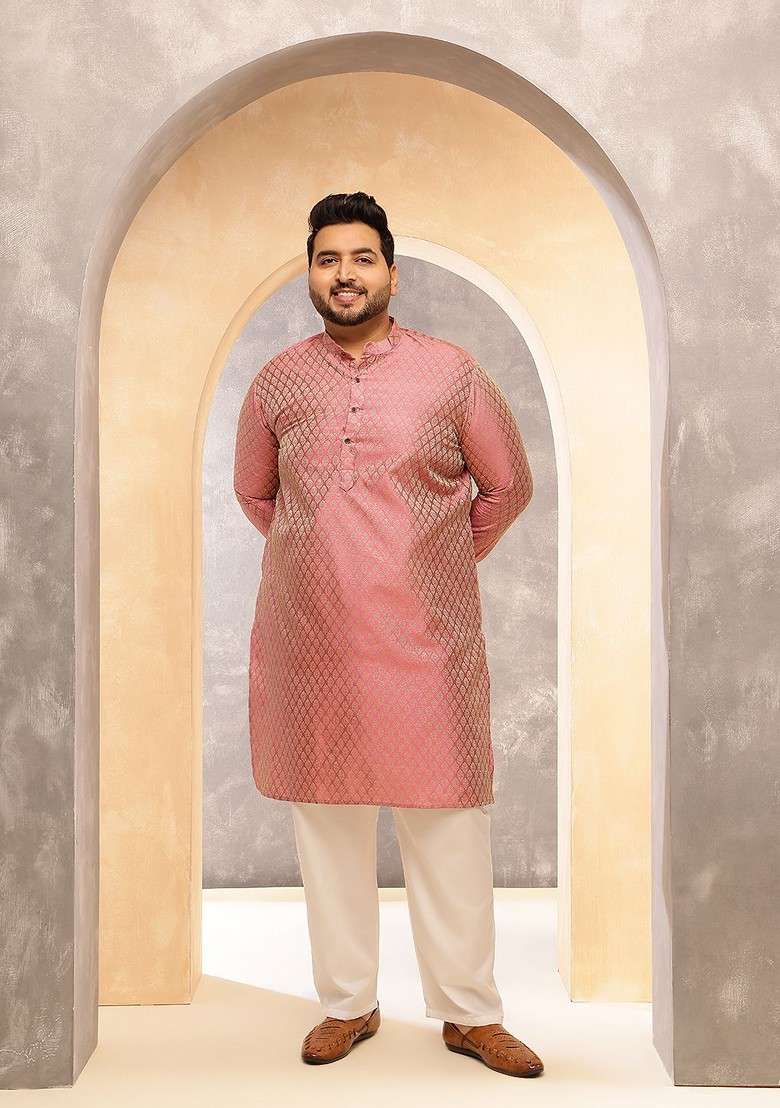 Pink Ethnic Motifs Silk Blend Kurta For Men - Indya