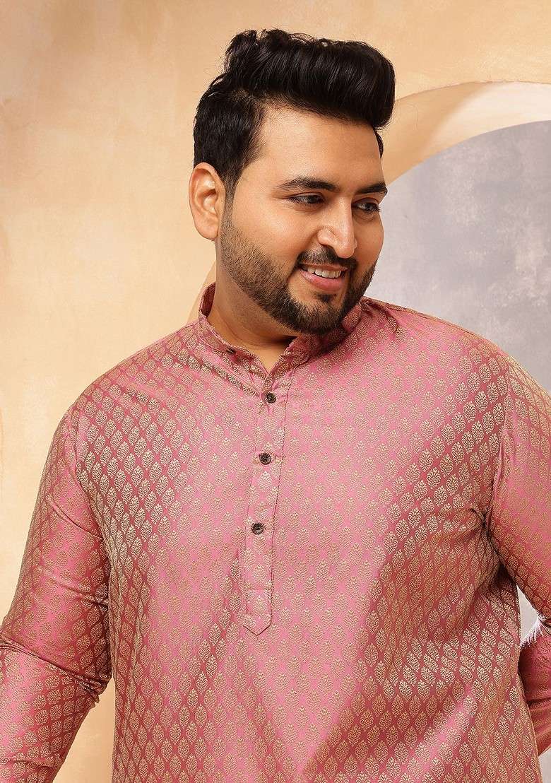 Pink Ethnic Motifs Silk Blend Kurta For Men - Indya