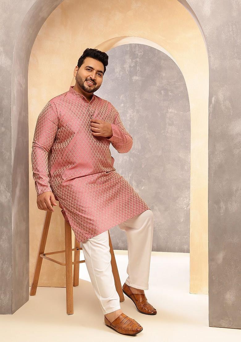 Pink Ethnic Motifs Silk Kurta For Men