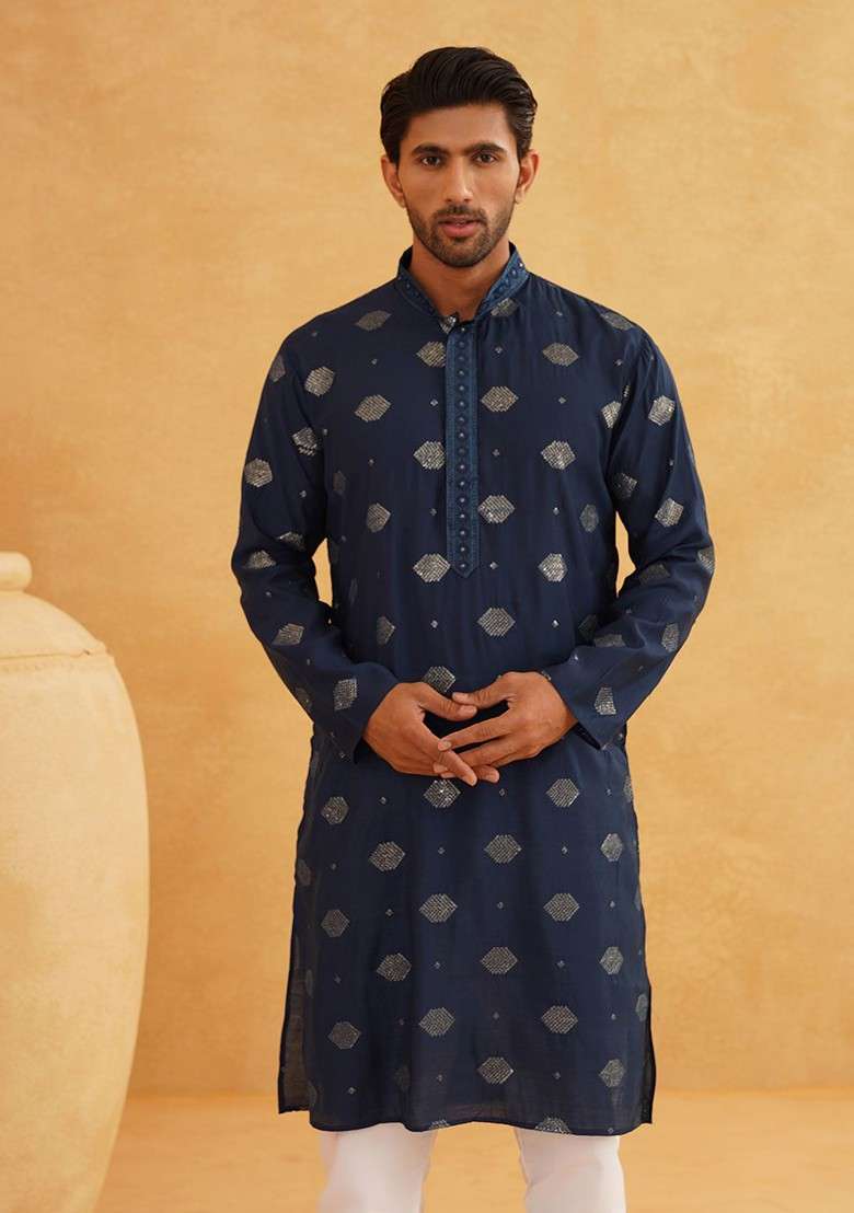 Navy Blue Embellished Cotton Kurta For Men - Indya