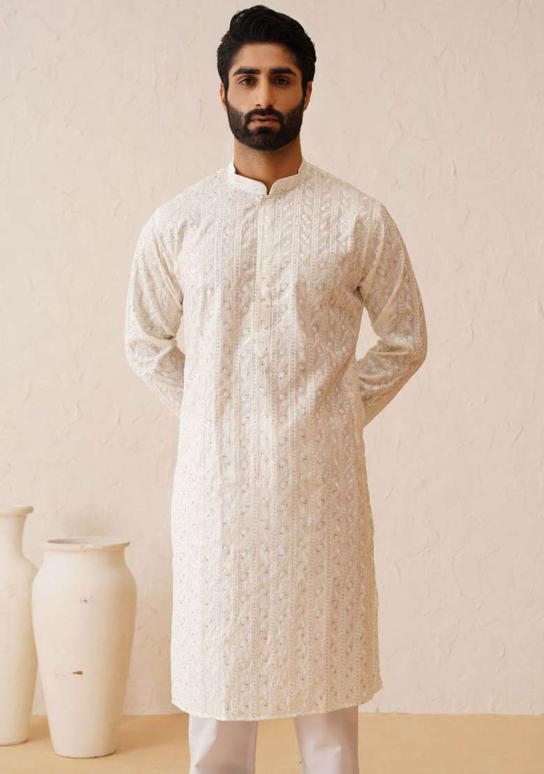 White Thread Work Cotton Kurta For Men - Indya