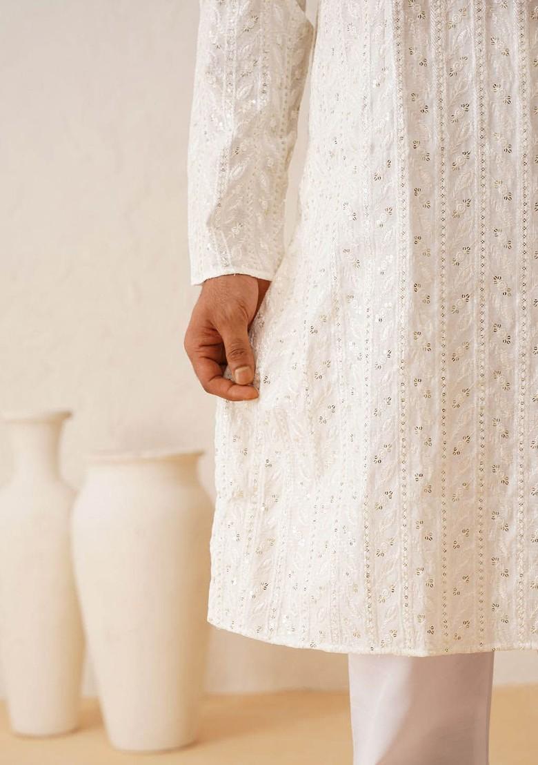 White Thread Work Cotton Kurta For Men