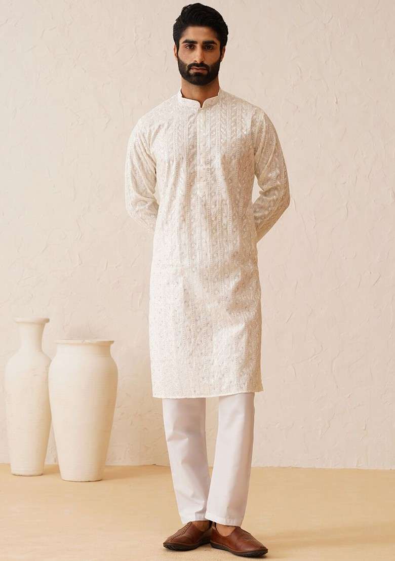 White Thread Work Cotton Kurta For Men - Indya