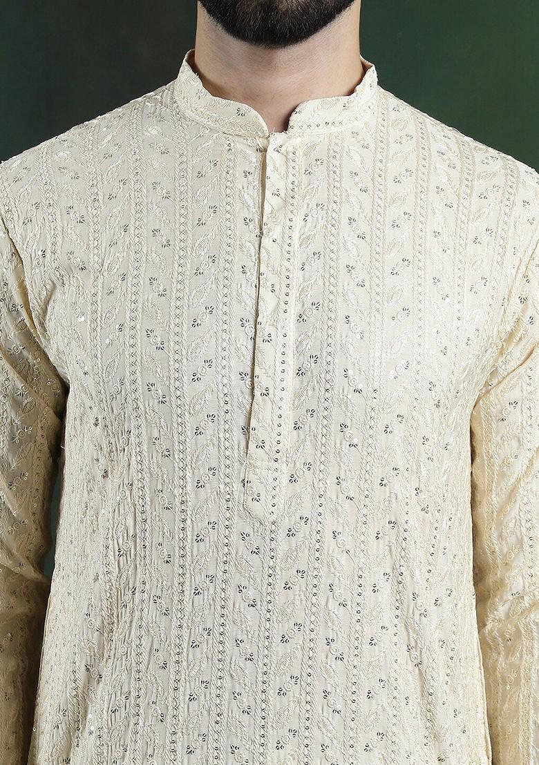 Beige Thread Work Cotton Kurta For Men