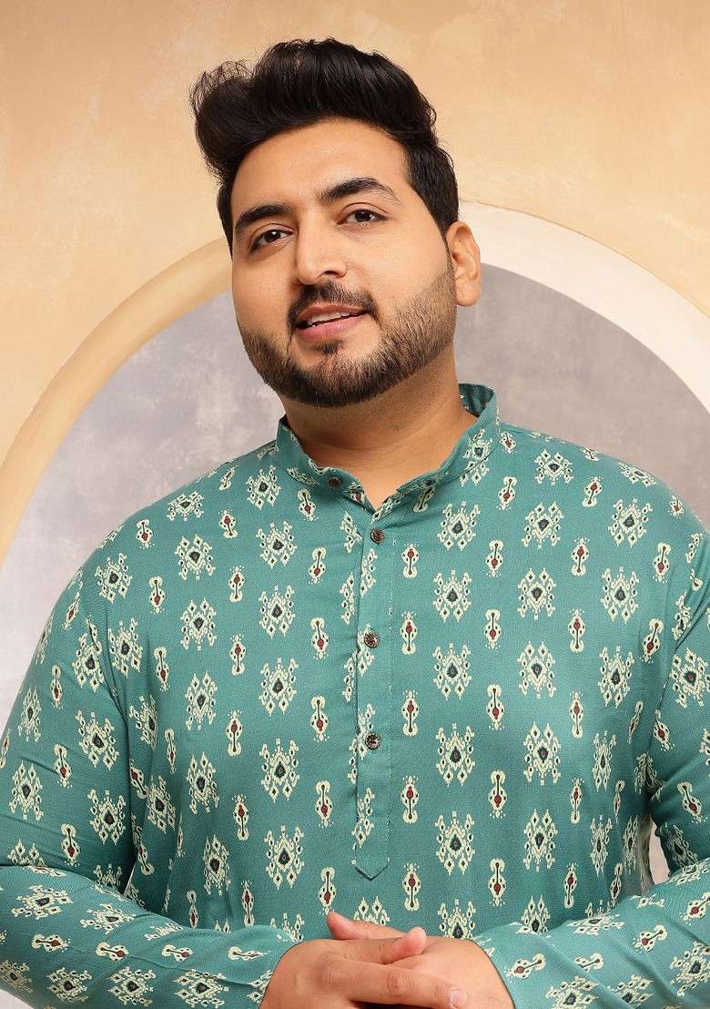 Green Ethnic Motifs Cotton Kurta For Men - Indya