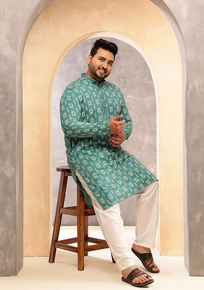 Green Ethnic Motifs Cotton Kurta For Men - Indya