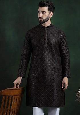 Black Embroidered Cotton Kurta For Men