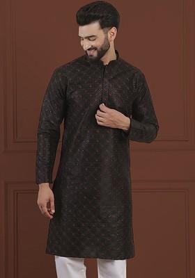 Black Embroidered Cotton Kurta For Men