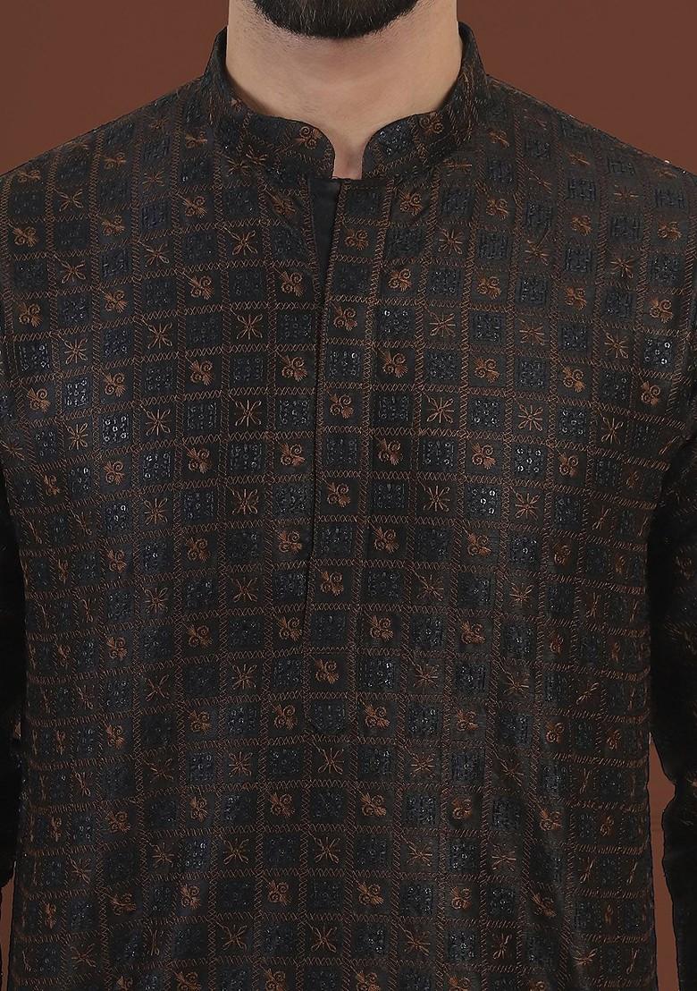Black Embroidered Cotton Kurta For Men
