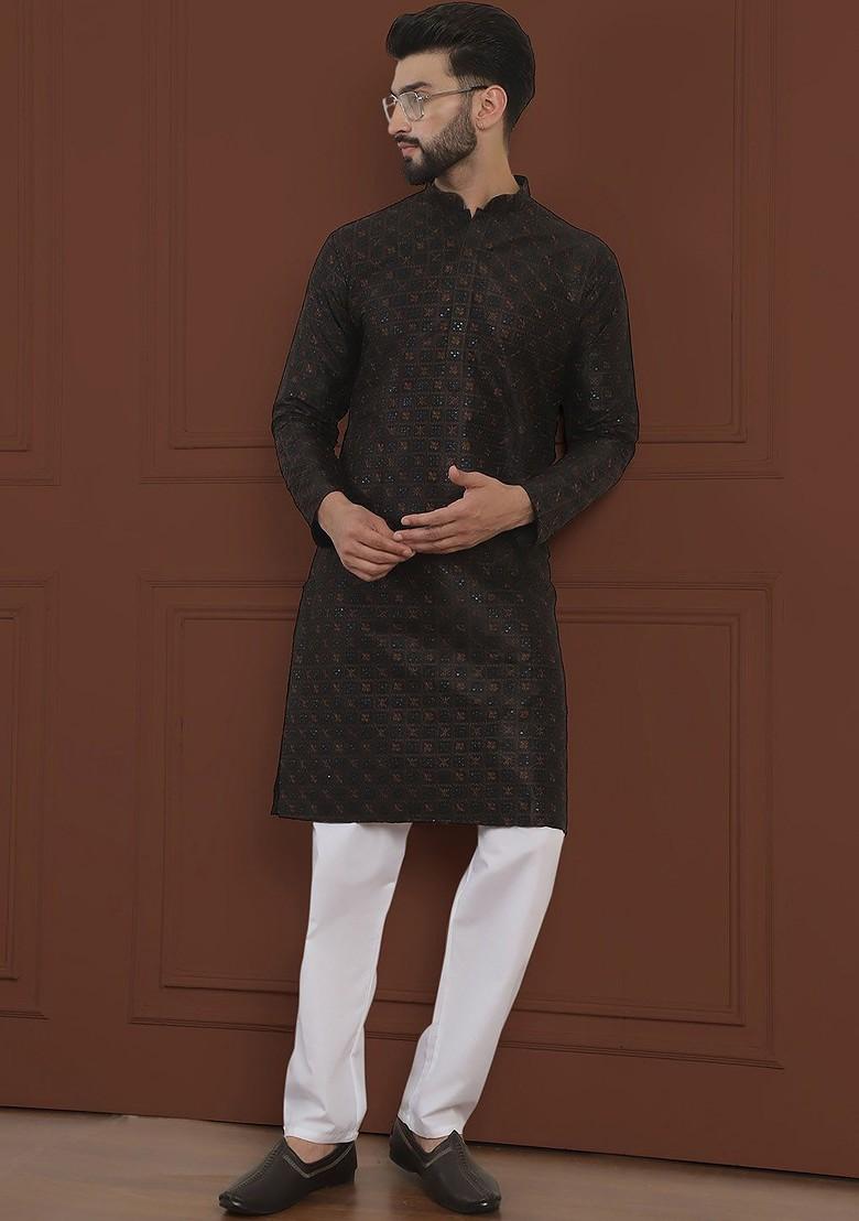 Black Embroidered Cotton Kurta For Men