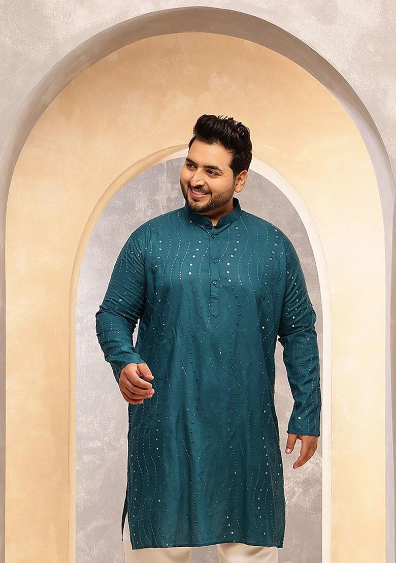 Teal Blue Mirror Work Poly Blend Kurta For Men