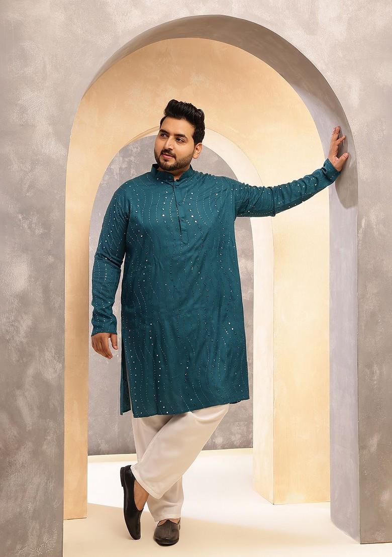 Teal Blue Mirror Work Poly Blend Kurta For Men