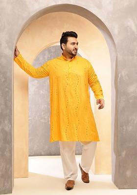 Mustard Embroidered Cotton Kurta For Men