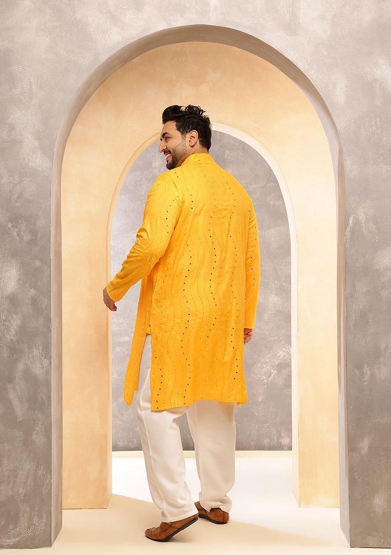 Mustard Embroidered Cotton Kurta For Men