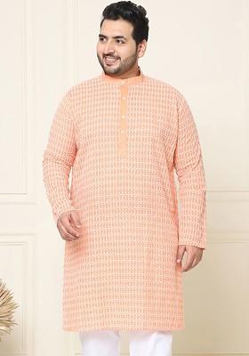 Peach Embroidered Cotton Kurta For Men