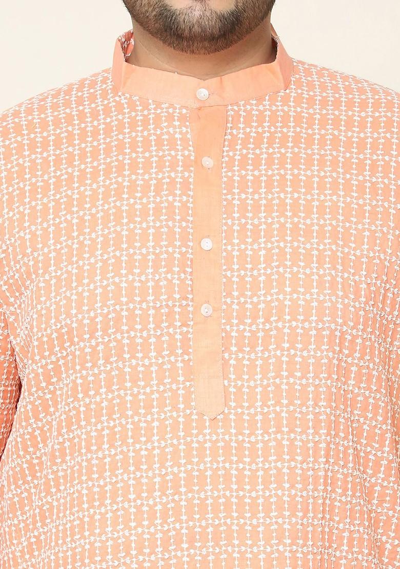 Peach Embroidered Cotton Kurta For Men