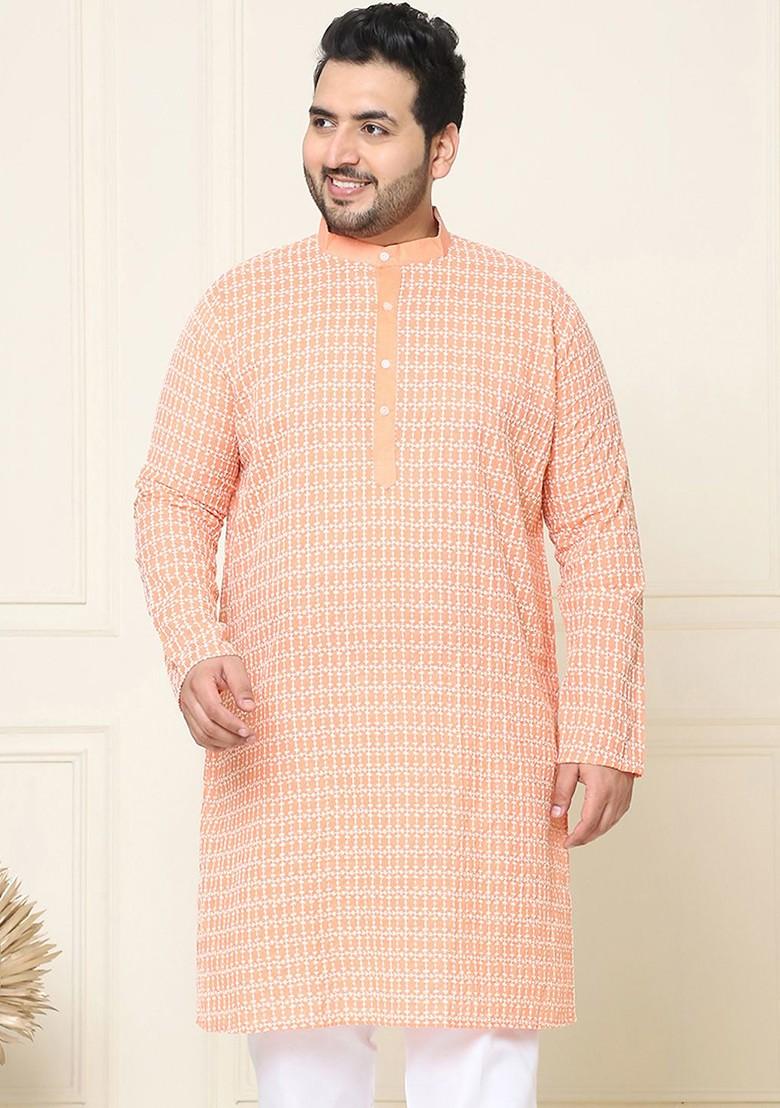 Peach Embroidered Cotton Kurta For Men