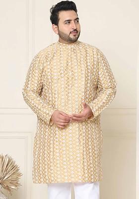 Gold Thread Work Poly Blend Kurta For Men