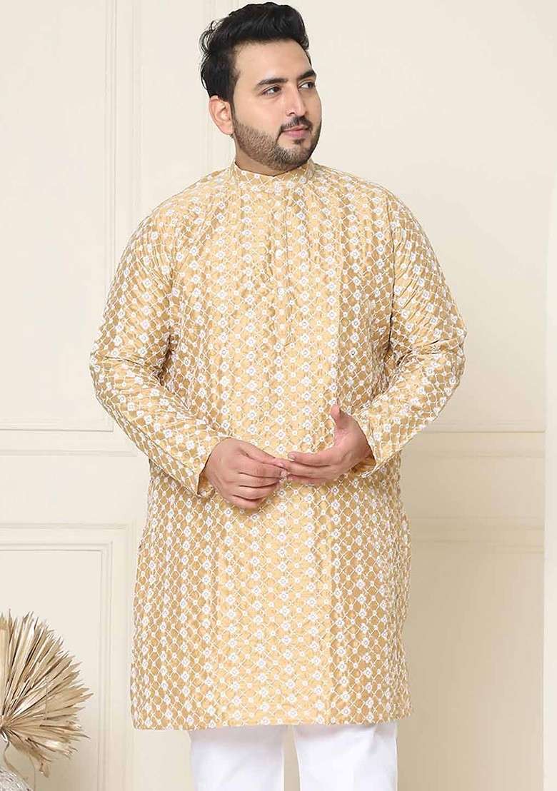 Gold Thread Work Poly Blend Kurta For Men - Indya
