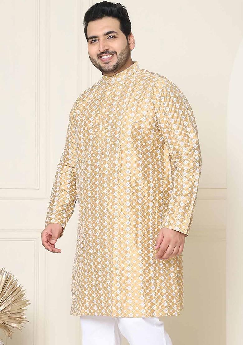 Gold Thread Work Poly Blend Kurta For Men