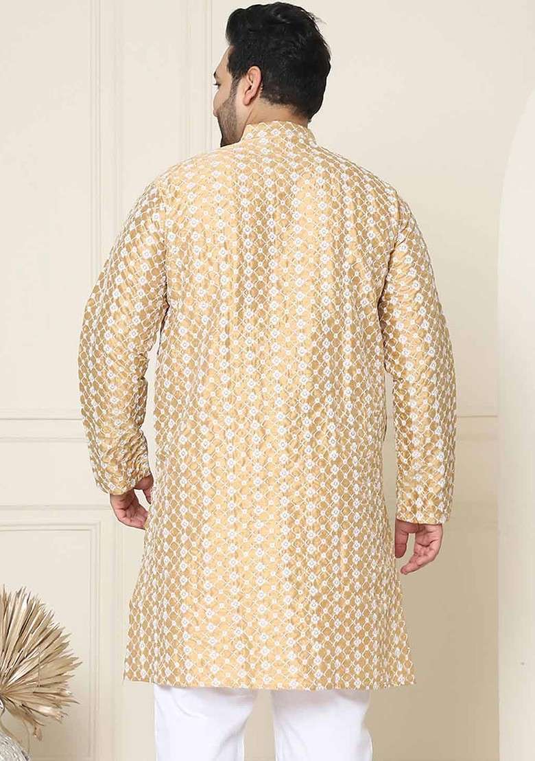 Gold Thread Work Poly Blend Kurta For Men - Indya