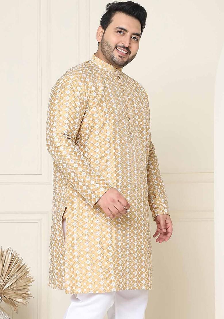 Gold Thread Work Poly Blend Kurta For Men
