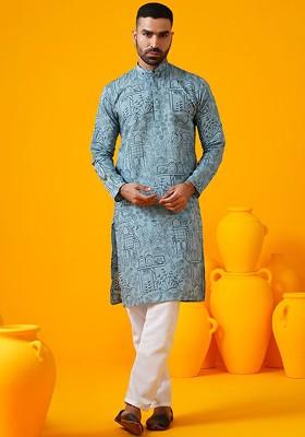 Blue Thread Work Poly Blend Kurta For Men