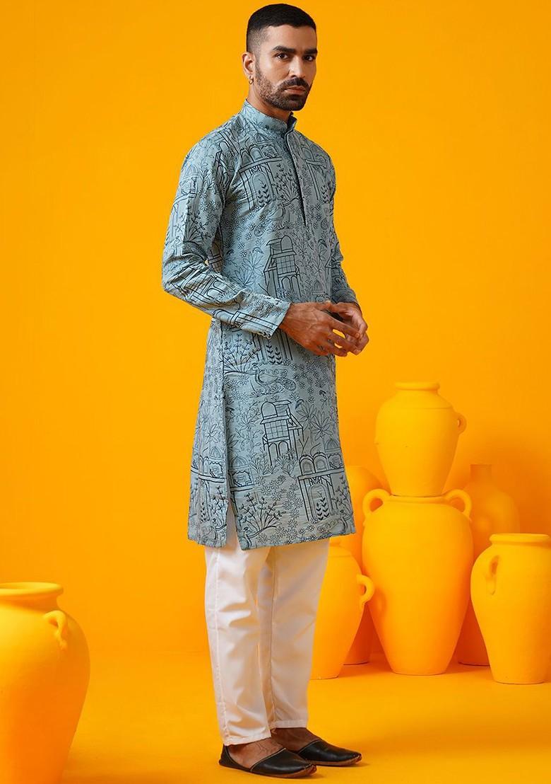 Blue Thread Work Poly Blend Kurta For Men
