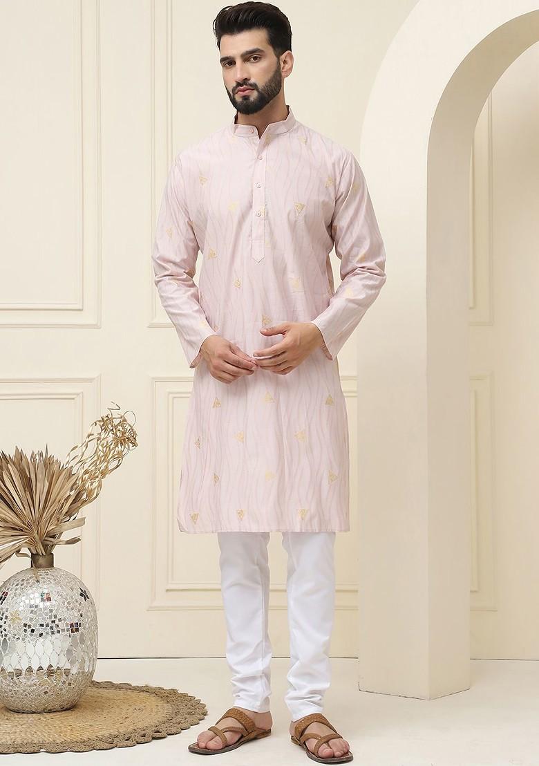 Peach Embroidered Cotton Kurta For Men