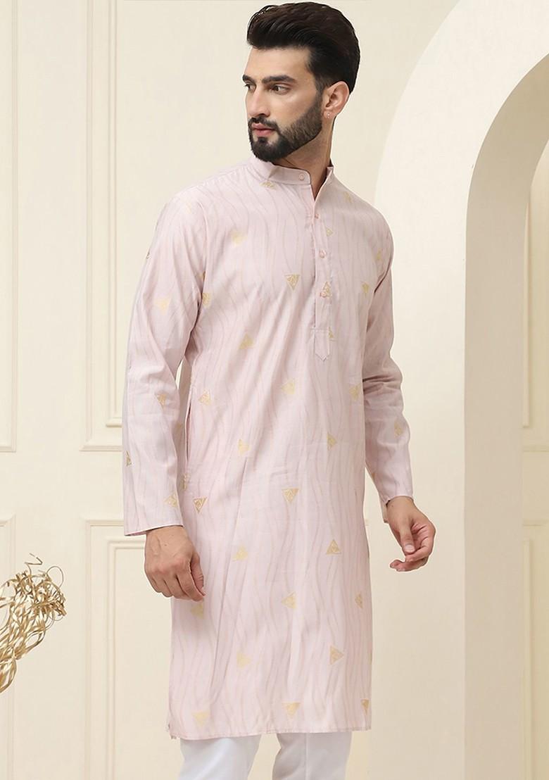 Peach Embroidered Cotton Kurta For Men