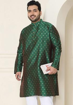 Green Geometric Print Jacquard Kurta For Men
