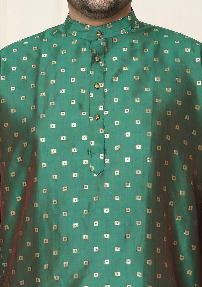 Green Geometric Print Jacquard Kurta For Men