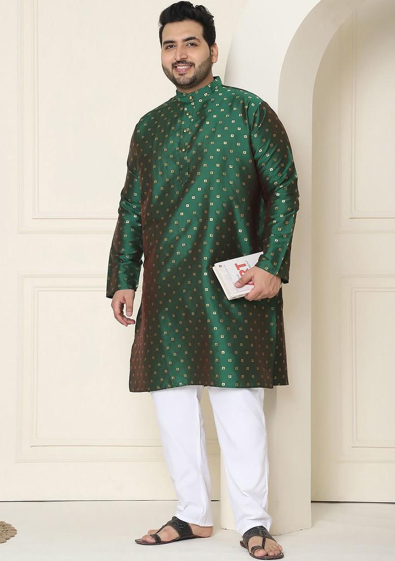 Green Geometric Print Jacquard Kurta For Men