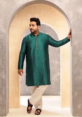 Teal Blue Woven Poly Blend Kurta For Men