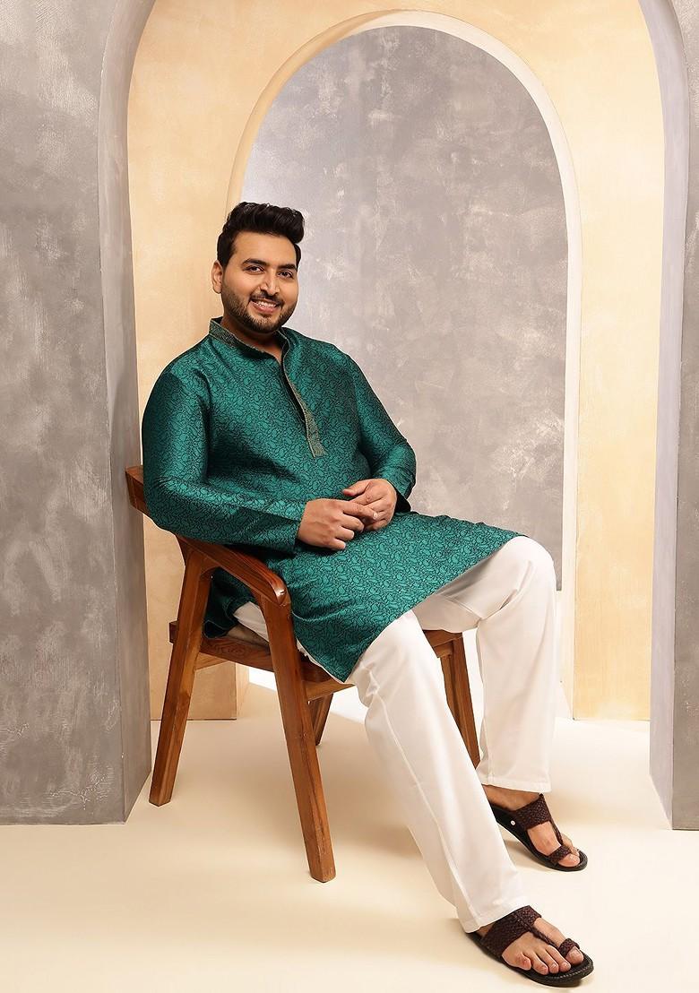 Teal Blue Woven Poly Blend Kurta For Men