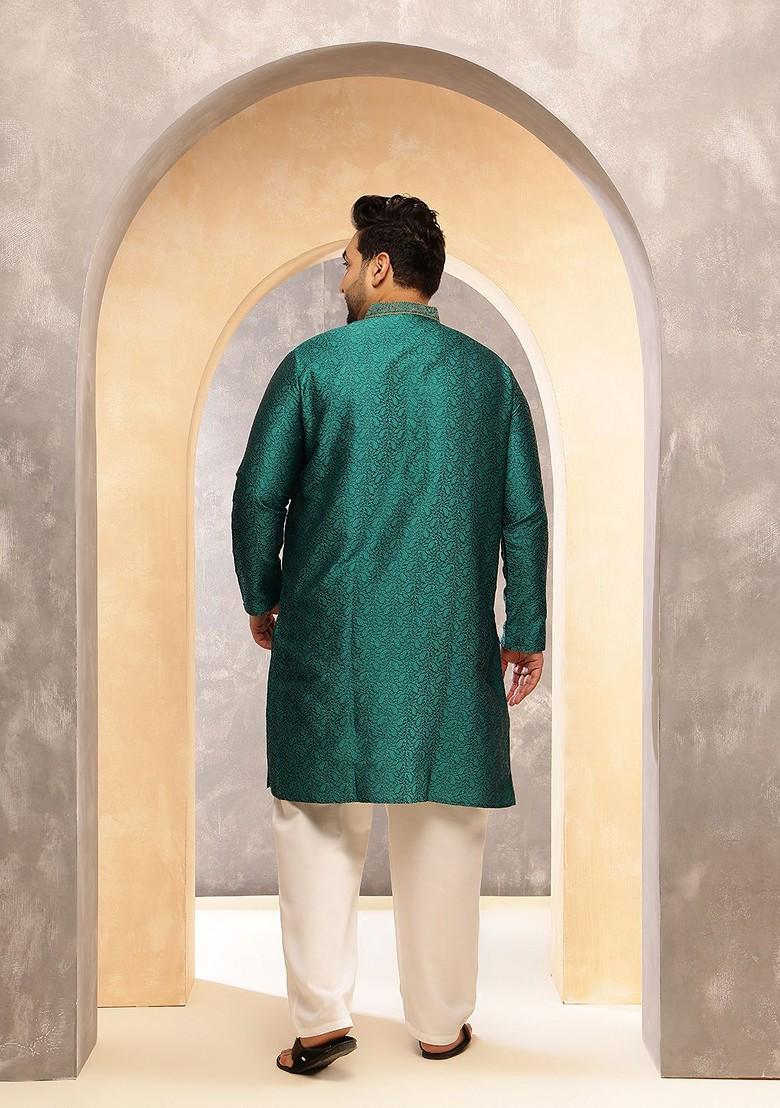 Teal Blue Woven Poly Blend Kurta For Men
