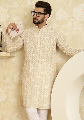Beige Embroidered Poly Blend Kurta For Men