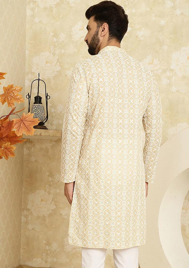 Beige Embroidered Poly Blend Kurta For Men