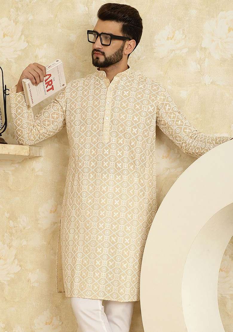 Beige Embroidered Poly Blend Kurta For Men - Indya