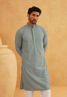 Sea Green Embroidered Cotton Kurta For Men