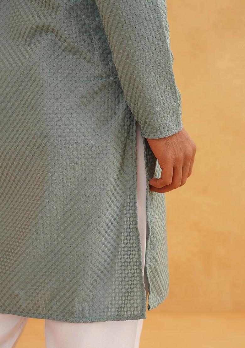Sea Green Embroidered Cotton Kurta For Men