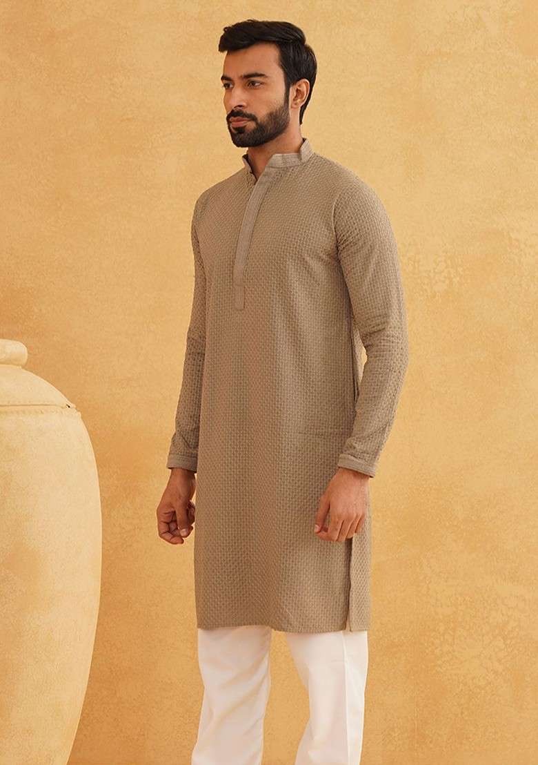 Coffee Brown Thread Work Cotton Kurta For Men - Indya
