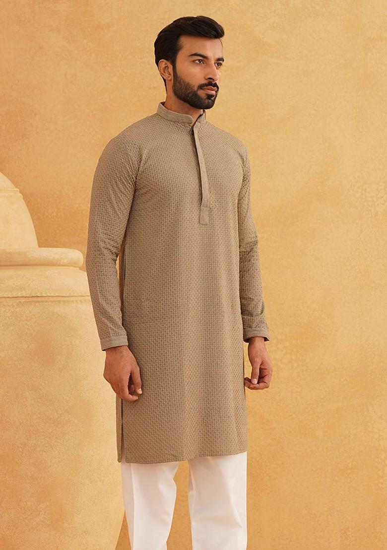 Coffee Brown Thread Work Cotton Kurta For Men