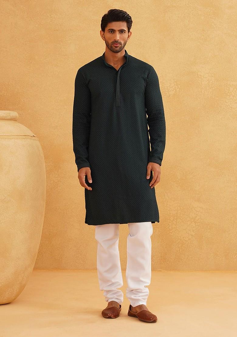 Green Thread Work Cotton Kurta For Men