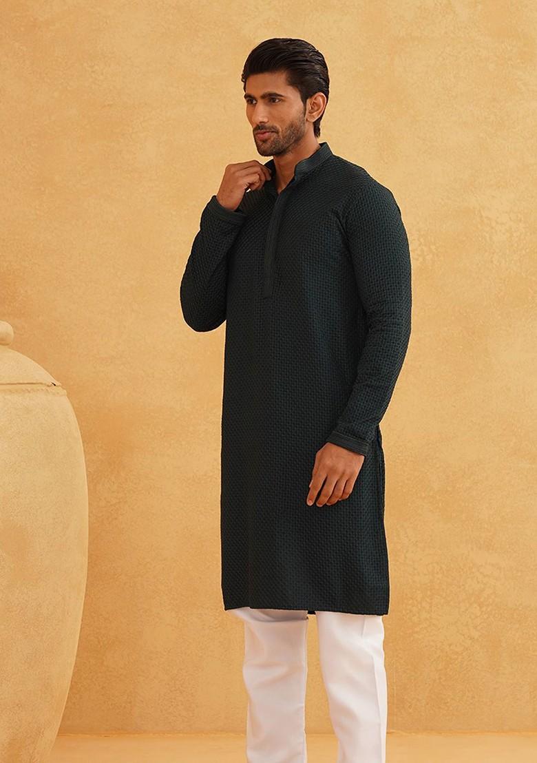 Green Thread Work Cotton Kurta For Men