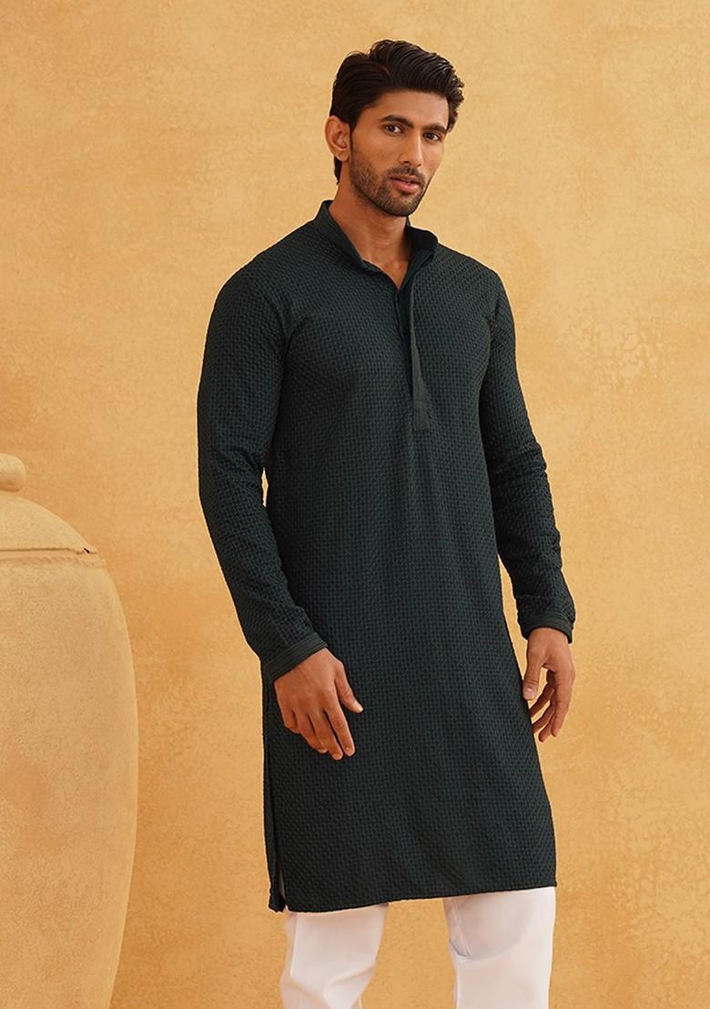 Green Thread Work Cotton Kurta For Men
