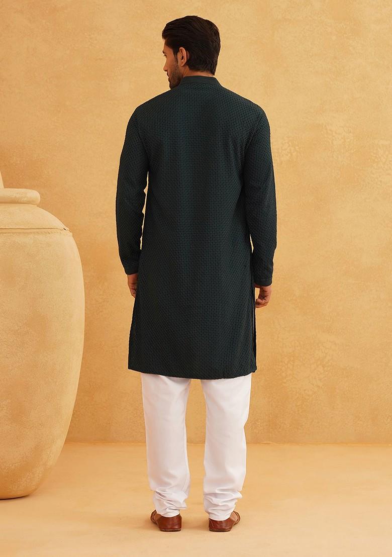 Green Thread Work Cotton Kurta For Men
