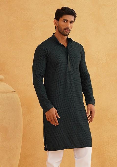 Green Thread Work Cotton Kurta For Men