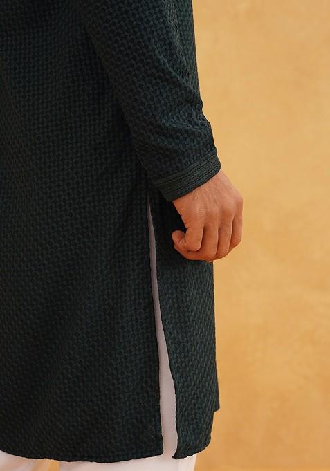 Green Thread Work Cotton Kurta For Men